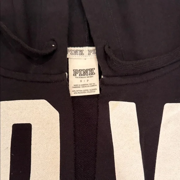 PINK Victoria’s Secret Black Deep V Neck Hoodie with White 'LOVE PINK' Print - Picture 2 of 3